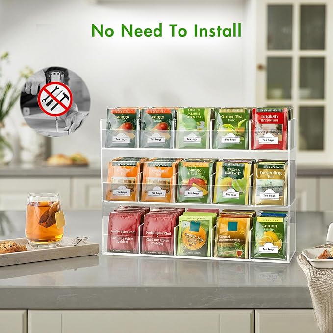 BEYGORM Acrylic Tea Bag Organizer for 270 Tea Packets | No Assembly Required Display Holder for Countertop, Vertical Tea Bag Caddy for Cabinet, Tea bar Accessories, Teabags Storage - Image 3