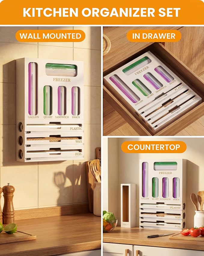 Bamboo Foil and Plastic Wrap Organizer for Kitchen Drawer, 9 in 1 Plastic Bag Organizer Organization and Storage, Food Storage Bag Organizer with Labels for Quart Gallon Snack (White) - Image 2
