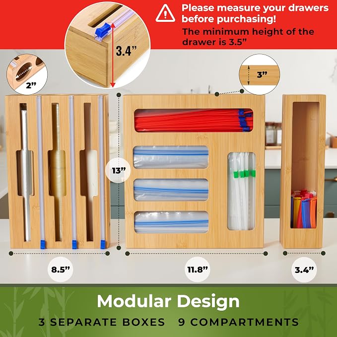 Kitchen Drawer Organizer, 9" 1 Sandwich Storage Bag Organizer & Foil Wrap | Bamboo Storage, Fits Gallon, Quart & Snack Sizes – Wall Mountable, Please Measure Before Ordering - Image 3