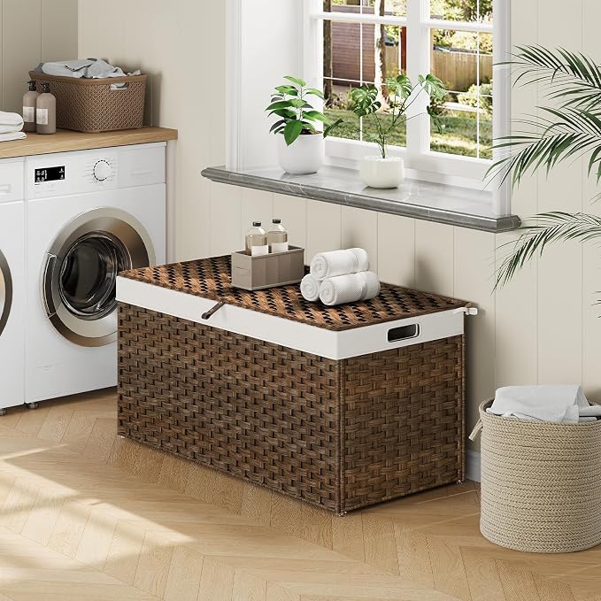 HOOBRO Storage Basket with Lid, 52.8 Gallon (200L) Wicker Basket, Handwoven Blanket Storage Basket with Handles, Metal Frame and Soft Lining, Foldable for Bedroom, Laundry Room, Brown BR220CW01 - Image 5