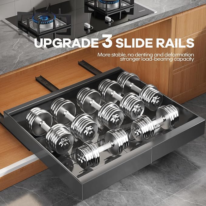 Seinloes 4 Pack Expandable Width (15.15"-26.3") Pull Out Cabinet Organizer 21" Deep with Raising Pad for Framed Cabinets, Upgrade 3 Slide Rails Slide Out Drawers, Roll Out Shelves Adhesive, Black - Image 5