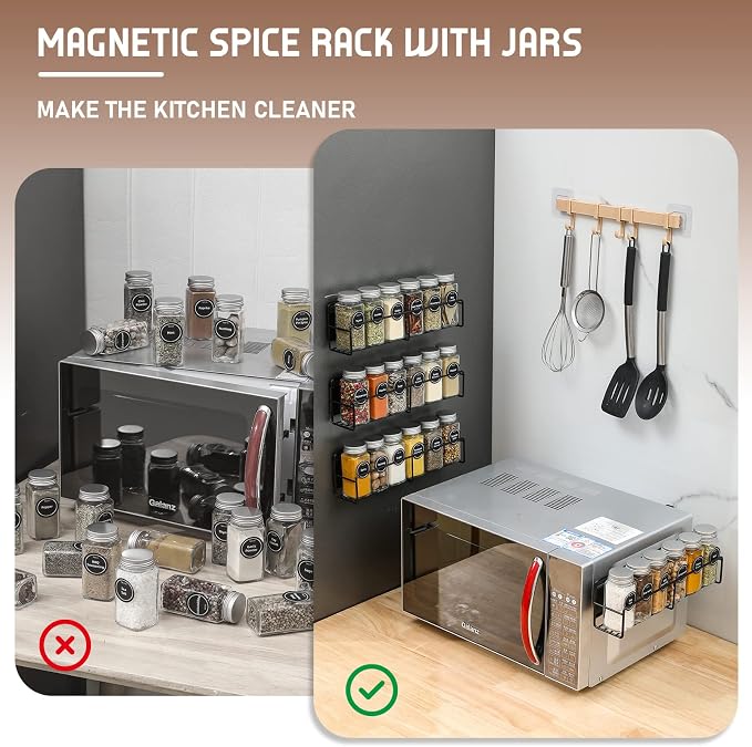 VITEVER Magnetic Spice Rack, 4 Pack, 24 Square Glass Jars with Lids, Quick-Find Pre-Printed Labels, Funnel, Space Saver, Refrigerator and Microwave Oven Organizer - Image 5