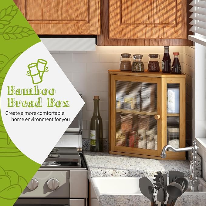 BMOSU Corner Bread Box for Kitchen Countertop Double Layer Bamboo Wooden Bread box Large Capacity Bread Storage Bin(Natural, Medium) - Image 2