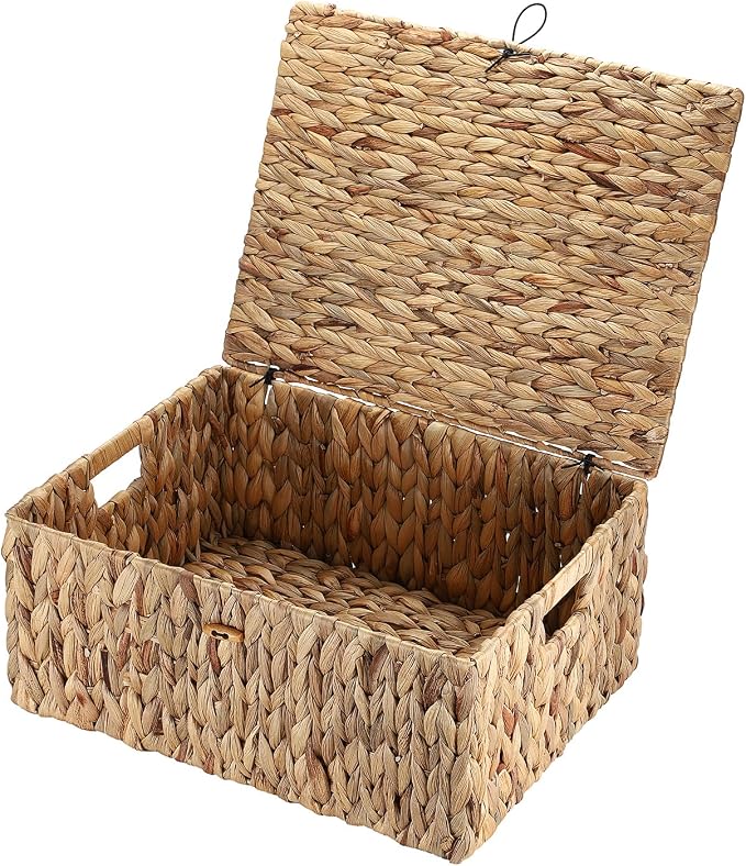 Hipiwe Handwoven Wicker Basket Natural Water Hyacinth Storage Bin with Lid | Decorative Shelf Basket with Handles for Closet Living Room Bathroom, 17.0" L x 13.2" W x 7.0" H - Image 5