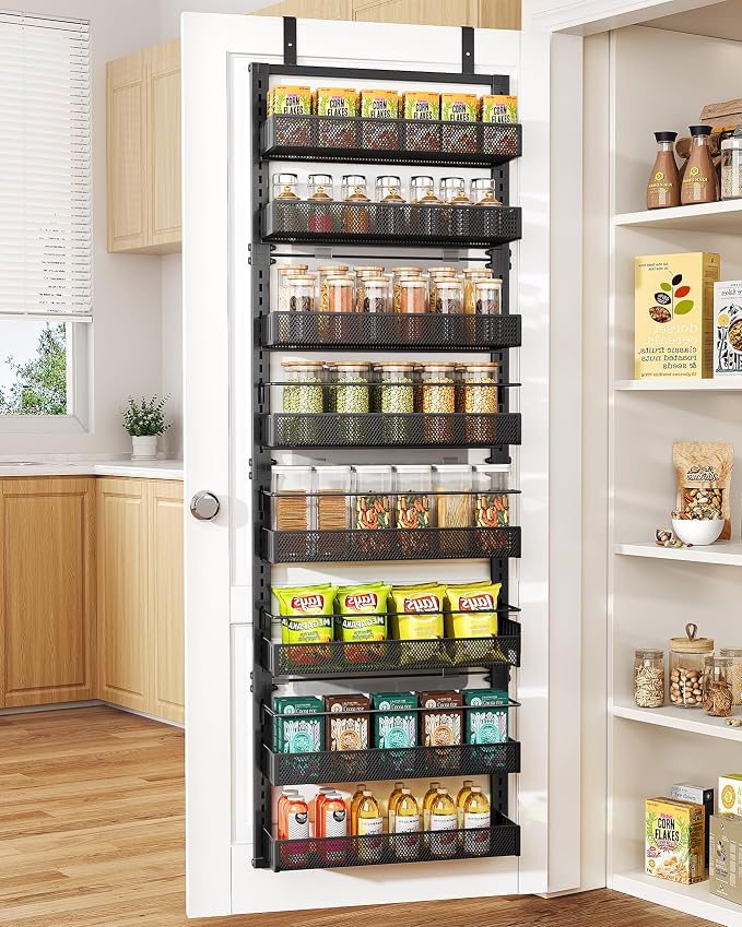 SNTD 8 Tiers Over the Door Organizer, 17" W x 6" D x 69" H, Black | Pantry Door Organizers and Storage, Height Adjustable Spice Rack, Dense Mesh Baskets, Anti-Swing, Adjustable Door Fastener by SNTD