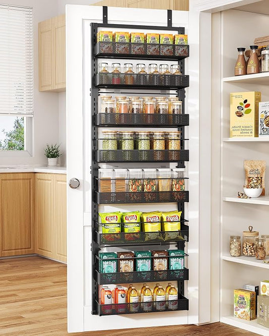 SNTD 8 Tiers Over the Door Organizer, 17" W x 6" D x 69" H, Black | Pantry Door Organizers and Storage, Height Adjustable Spice Rack, Dense Mesh Baskets, Anti-Swing, Adjustable Door Fastener by SNTD