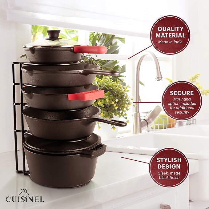 Cuisinel Pan Organizer for Cast Iron, 60-100LB, Extra Large 5-Tier Rack, Matte Black 15.9" - Image 5