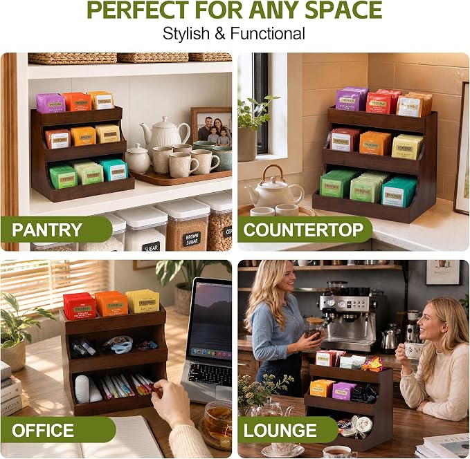 Bamboo Tea Bag Organizer, 3-Tier Tea Storage Box with 9 Compartments, Holds Up to 180 Bags, Tea Holder Organizer for Coffee Station, Kitchen Countertop, Pantry and Cabinet | No Installation Required | Natural Bamboo | No Burrs | No Odor | Sturdy & Dura... - Image 5