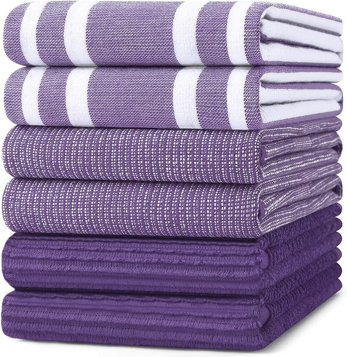 Homaxy Cotton 380 GSM Premium Kitchen Towels, 18"x 28", 6 Pack, Purple | Soft and Absorbent Terry Dish Towels, Multipurpose Tea Towel Set with Hanging Loop, 3 Styles Kitchen Hand Towels by Homaxy