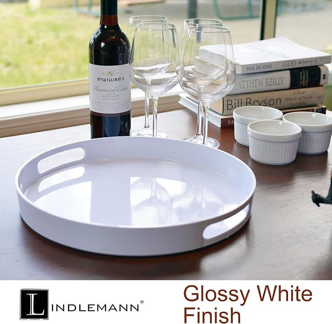 White Serving Tray Large Melamine Platter Round Breakfast Trays with Handles for Coffee Table Ottoman Living Room Home Décor Holiday Celebration & Party (13.5") - Image 5