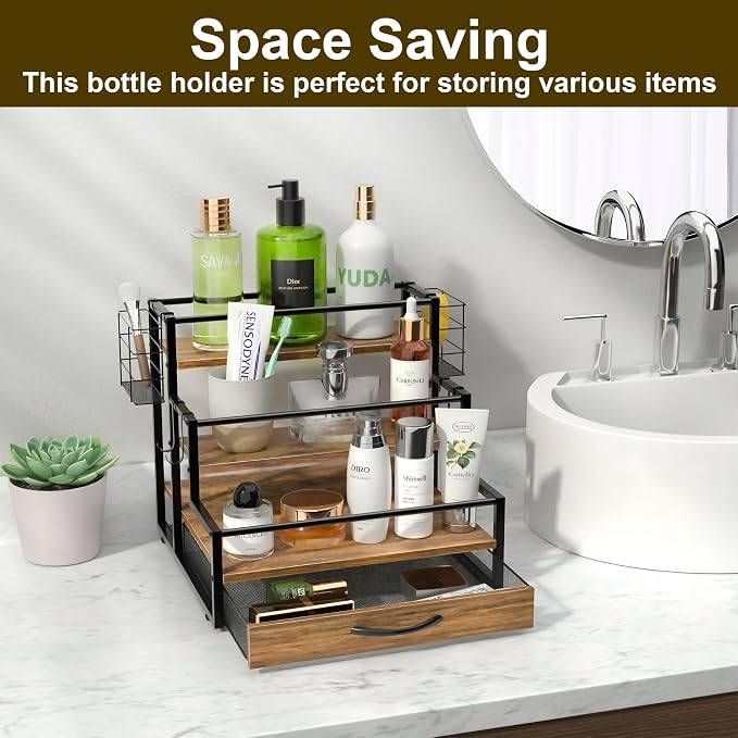 Coffee Syrup Organizer Rack, 4-Tier Stand with K-Cup Drawer & Side Hooks | All In One Holds 12 Syrup Bottles , 36 K-Cups Pump Use On-Shelf for Home Kitchen Pull-Out Drawer Side Basket For Mugs/Stirrer - Image 8