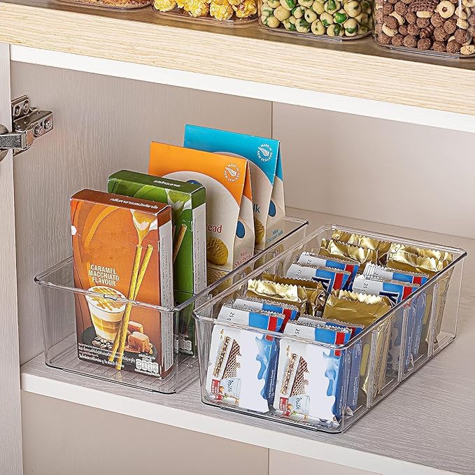 Vtopmart 2 Pack Food Storage Organizer Bins, Clear Plastic Bins for Pantry, Kitchen, Fridge, Cabinet Organization and Storage, 4 Compartment Holder Packets, Snacks, Pouches, Spice Packets | For Pantry, Kitchen, Fridge and Cabinet Organization, Organize... - Image 6