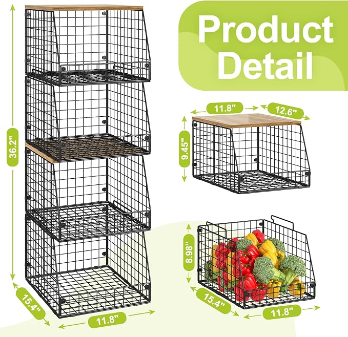 Jakyitvi 4 Pack Stackable Wire Baskets with Fixed Wooden Top, Vegetable Fruit Storage Bins for Onion Potato Snack, Pantry Baskets for Kitchen Cabinet Countertop, Pantry Organizers and Storage Rack - Image 6