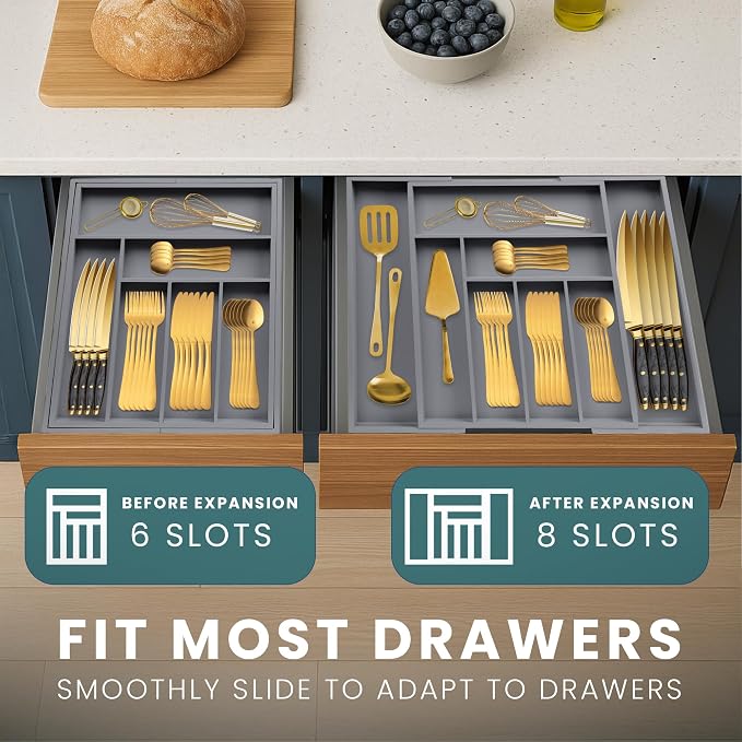 Sben Expandable Drawer Organizer for Utensils Holder, Adjustable Cutlery Tray, 6-8 Slots, Premium Wood Drawer Dividers Organizer for Silverware, Flatware, Knives for Kitchen (Gray) - Image 8