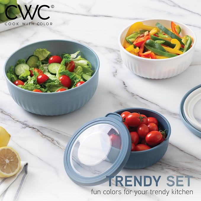COOK WITH COLOR Prep Bowls with Lids- Wide and Deep Nesting Plastic Small Mixing Bowl Set with Lids, 8 Piece Set - Wide Bowls, Blue/Grey - Image 2