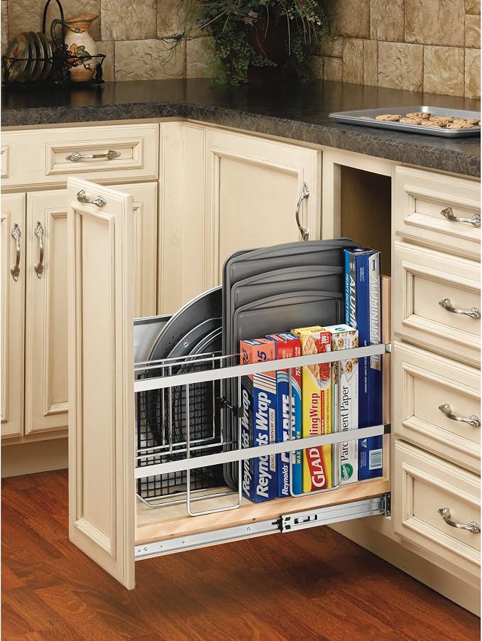 Rev-A-Shelf Pullout Bakeware Organizer w/Soft-Close, Min Opening 8.5" Wide | Wooden Storage Organization w/ Ball Bearing Slides, Full Height Base Kitchen Cabinets, Foil Wrap/Tray Divider, 447-BCBBSC-8C - Image 7
