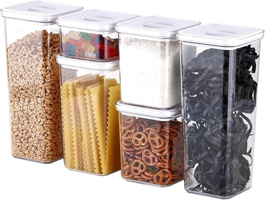 Neoflam Smart Seal 6pc Patent Airtight Kitchen Pantry Canister/Organizer Clear Plastic Container & Simple Twist Lids, 100% Leak Proof, Dishwasher Safe, BPA Free, Dry Food Storage Set, White by Neoflam