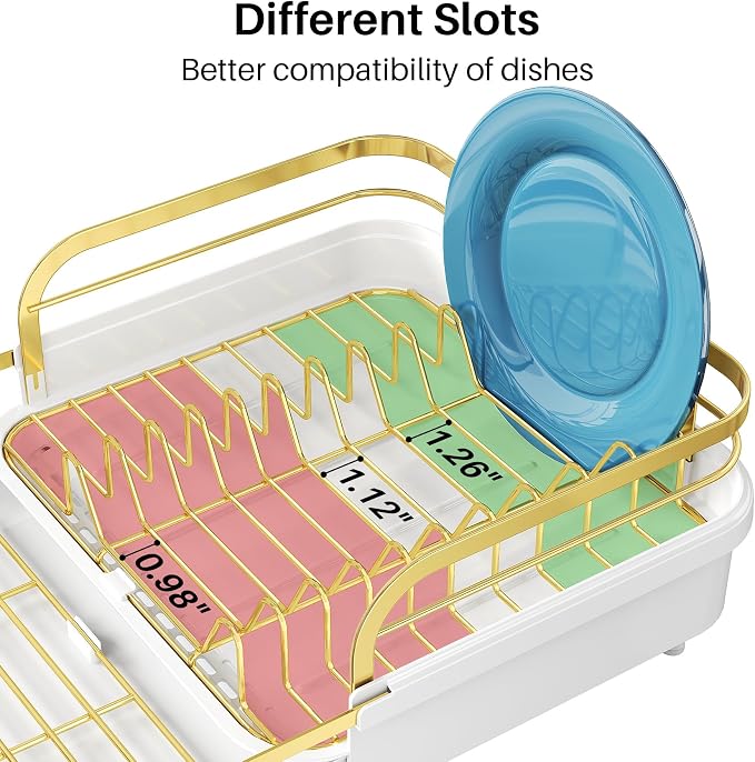 SNTD Expandable Dish Drying Rack for Kitchen Counter, 15.2-22.1 in, Gold | Rust-Resistant Stainless Steel, Protective Side Rails, Self-Draining Drainboard, Removable Utensil Holder - Image 6