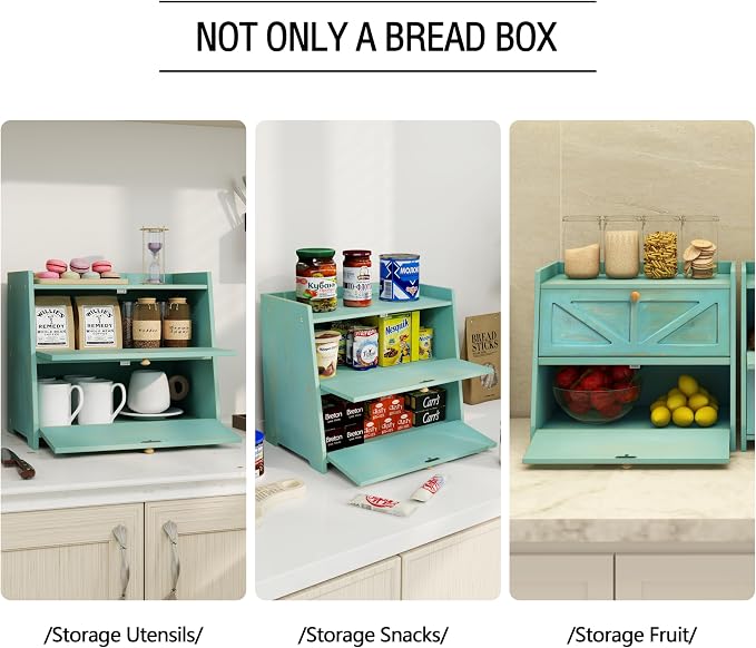 Trironsun Vintage Double Layer Bread Box for Kitchen Counter Bamboo Bread Storage Container Large Capacity Bread Storage Bin (Antique Blue) - Image 8