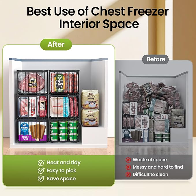 Freezer Organizer Bins, 3 Pack Enlarged Baskets for 5-9 Cu.FT Deep Freezer | Stackable Chest Freezer Organizer Bins, Foldable with Handles, Black Storage Container Baskets for Sort Frozen Meats - Image 5