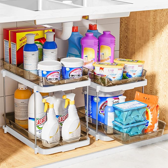 Delamu 2-Tier Multi-Purpose Bathroom Under Sink Organizers and Storage, Stackable Kitchen Pantry Organization, Pull Out Medicine Cabinet Organizer with Movable Dividers, Amber, 4 Pack - Image 7