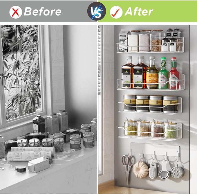 Magnetic Spice Rack for Refrigerator, 5 Pack Metal Strong Magnet Spice Organizer Shelves with Hook Rack, Space Saving Magnetic Fridge Shelf for Home Kitchen Organization and Storage (White) - Image 7