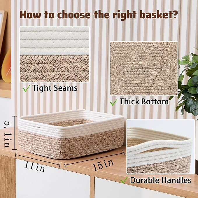 MiniArk Large Shallow Organizing Baskets 15x11x5.1 Inches - Rope Woven Storage Bins for Bathroom, Shelves, Cube Closet, White Mixed Brown 3 Packs - Image 2