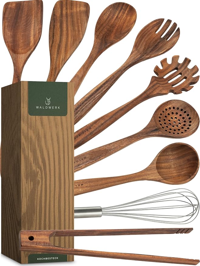 WALDWERK Wooden Spoons for Cooking – 9-Piece Kitchen Utensils Set with Spatula, Tongs, Whisk, Wooden Spoons & Pasta Server – Wooden Utensil Set – Utensil Sets - Cooking Utensils - Non Toxic by WALDWERK