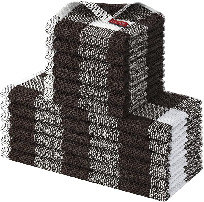 Homaxy Kitchen Towels and Dishcloths Set, Set of 12, White & Dark Brown | Bulk Cotton Waffle Weave Check Plaid Kitchen Towels, Super Soft and Absorbent Dish Cloths, 12 x 12 and 13 x 28 Inches by Homaxy