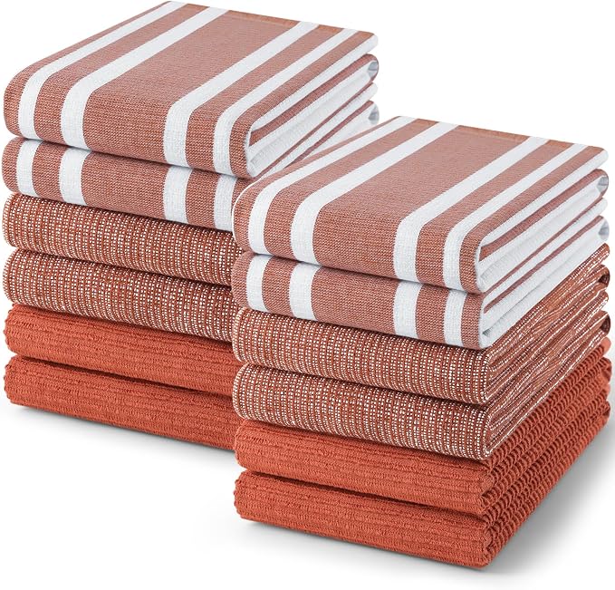 Homaxy Cotton 380 GSM Premium Kitchen Towels, 18"x 28", 12 Pack, Rust | Soft and Absorbent Terry Dish Towels, Multipurpose Tea Towel Set with Hanging Loop, 3 Styles Kitchen Hand Towels by Homaxy