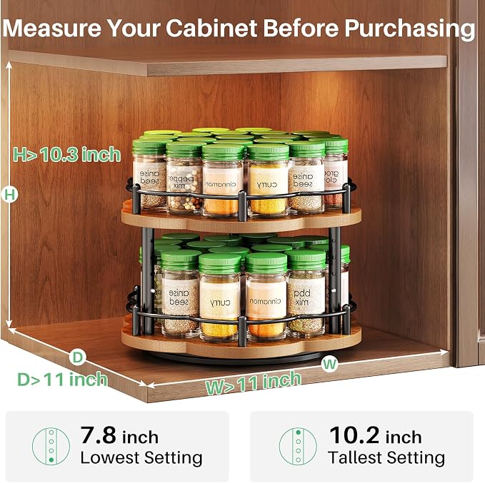 Spice Rack Lazy Susan Organizer for Cabinet, Rotating Spice Organization 2 Tier Adjustable Lazy Susan Turntable Spice Cabinet Organizer for Kitchen Countertop & Pantry, Wood 10 Inch Seasoning Storage - Image 2