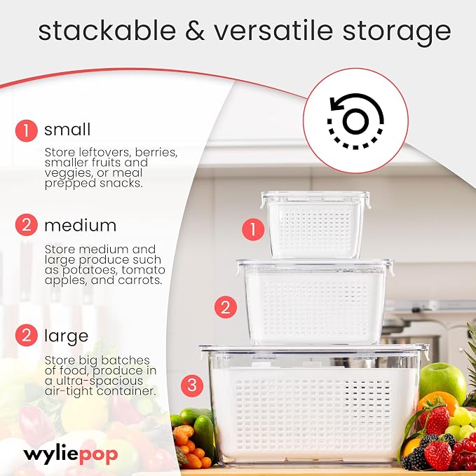Premium Fruit Storage Containers for Fridge with Veggie Peeler – 3-in-1 Produce Containers for Fridge with Strainer & Removable Colander – Large, Clear Fruit and Vegetable Storage Organizer (Set of 3) - Image 3