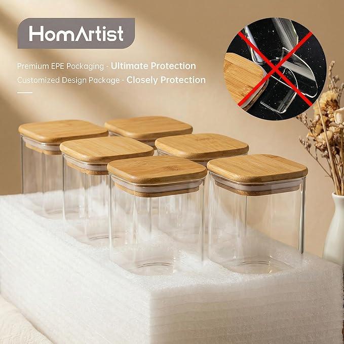 HomArtist Square Glass Jars with Bamboo Lids [Muti Size Set of 5], Glass Canisters with Airtight Lids, Glass Food Storage Containers for Pasta, Cereal, Flour, Sugar, Best for Kitchen & Pantry | 79oz/53oz/27oz Airtight Storage Jars for Pantry & Kitchen,... - Image 7