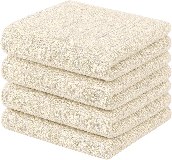 Kitinjoy 100% Cotton Terry Kitchen Towels, 13”x 28”, 4-Pack, Beige | Checkered Designed, Ultra Soft Absorbent Quick Drying Dish Towels by Kitinjoy