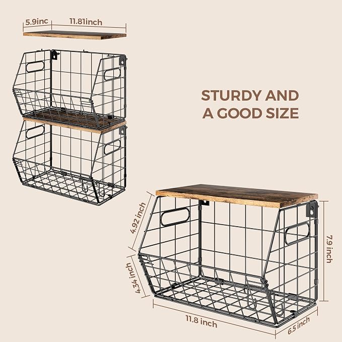 Delamu Stackable Metal Fruit Basket with Wood Lid 3 Pack, Hanging Wall Organizer for Kitchen Counter, Pantry Storage for Onions, Potatoes, Garli, Fruits, Spices, Black - Image 4