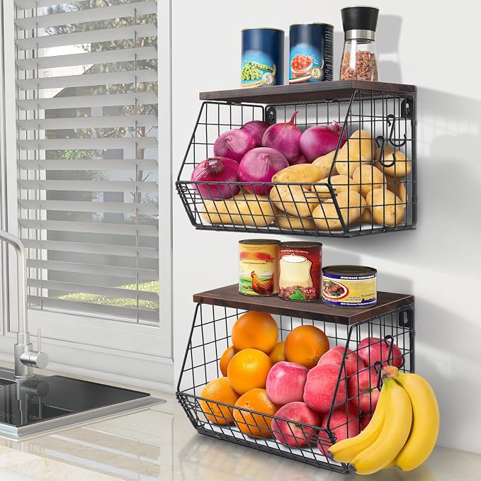Mefirt 2pcs Fruit Basket Kitchen Storage Basket with Wood Lid | Stackable Wall Fruit Basket for Kitchen, Countertop Organizer for Snack, Fruit and Veggie Storage, 11.8 x 7.9 x 8.5 Inch - Image 8