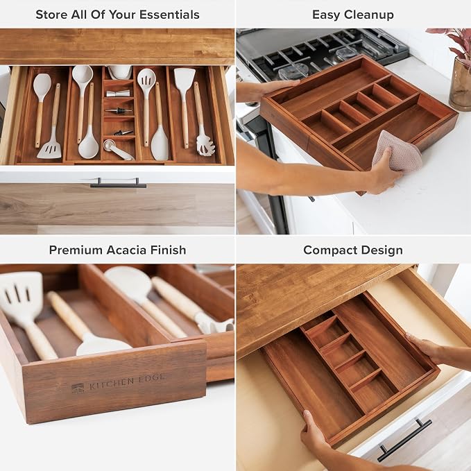 Utensil & Junk Drawer Organizer, 16-28 in, Acacia | Food-safe contract grade, 100% sustainable wood, non-slip, adjustable - Image 3