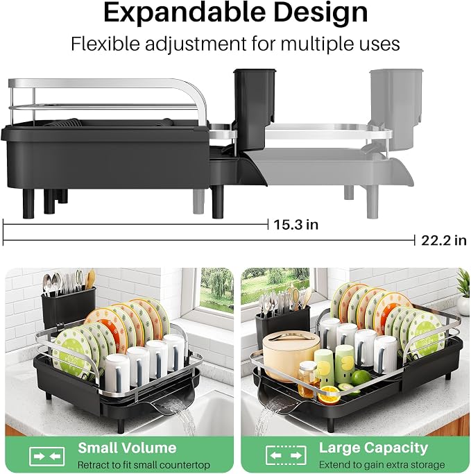 SAYZH Expandable Dish Drying Rack for Small Kitchen Counter, Black | Stainless Steel, Protective Guardrail, Angled Drainboard, Fits High-Rim Sinks, Removable Utensil Holder - Image 2
