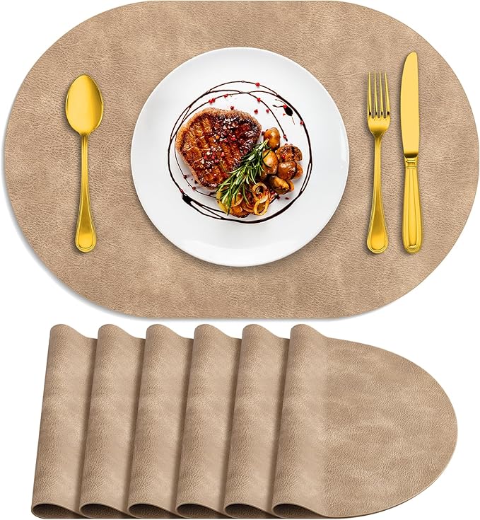 ADRIMER Placemats, Heat Resistant Oval Placemats Set of 6 Washable 12 x 17 Inch, Waterproof Table Placemats Set of 6, Wipeable Faux Leather Placemats for Kitchen, Dining Room, Apricot by Adrimersdreamistobeanindispensablecompanioninyourlife