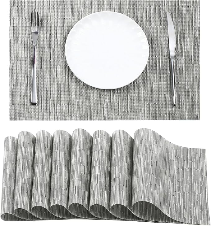 Leetaltree Silver Placemats Set of 8 - Heat Resistant Non-Slip Place mats for Dining Table, Washable Durable PVC Vinyl Woven Table Mats（Silver, 8） by Leetaltree-ArtatEveryTable