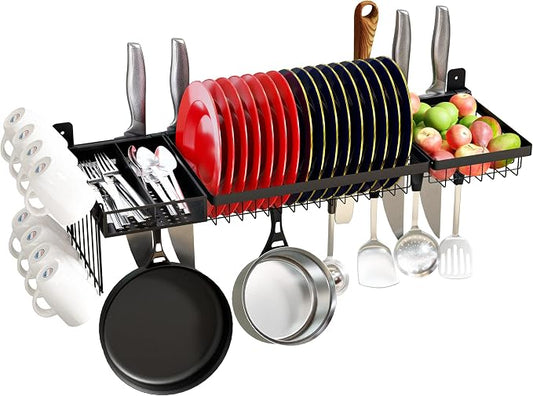 Adjustable Stainless Steel Wall Mounted Over the Sink Dish Drying Rack, Large Capacity Pot Rack Dish Rack with Utensil Holder for Kitchen Storage Organizer Patent Pending (Black) by Supfirm