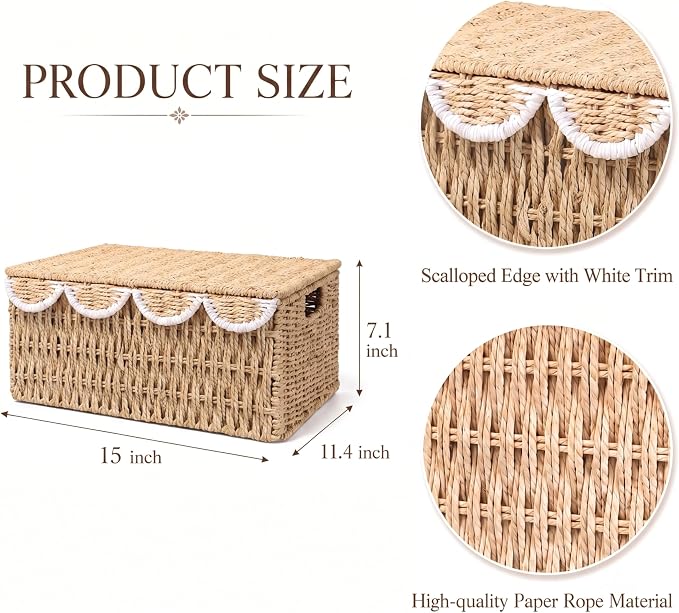 Wicker Basket with Scalloped Edge Lid, Water Hyacinth Storage Basket with Built-in Handles, Handwoven Wicker Box for Living Room, 15" L x 11 ¼" W x 7" H (Paper Rope-2) - Image 3