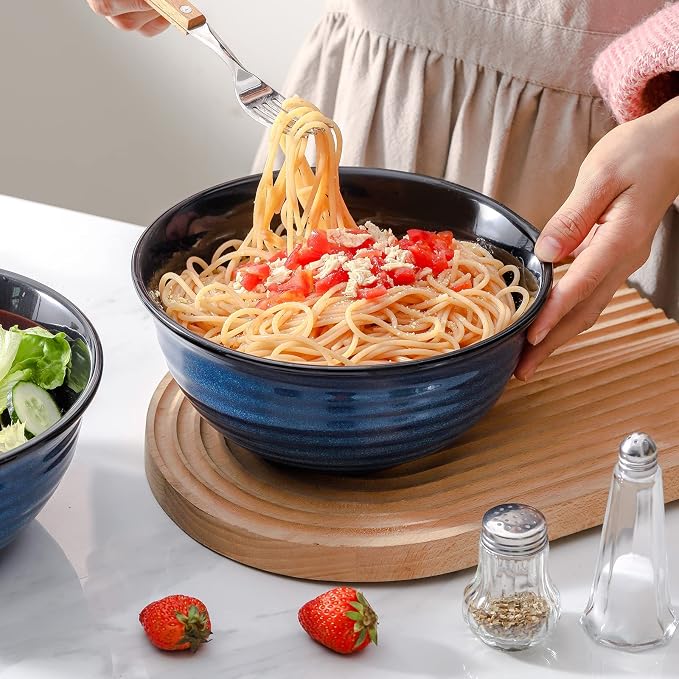 HASENSE Serving Bowls, 60 Ounces Ceramic Salad Pasta Soup Bowls, 8.5 inch Large Bowls for Kitchen Ramen Pho Fruit Cereal Popcorn, Microwave and Dishwasher Safe, Set of 2, Blue - Image 7