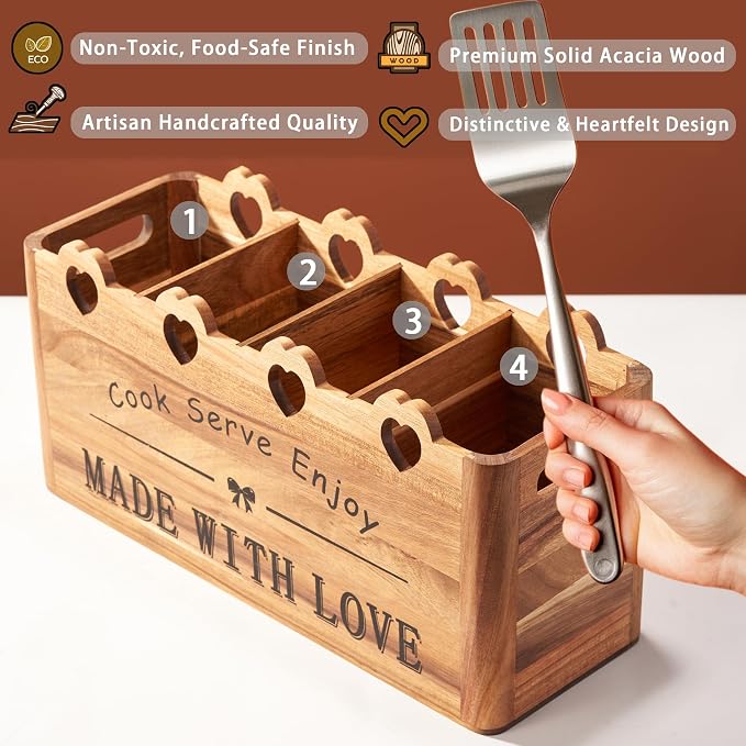 Kitchen Utensil Holder, Large Acacia Wood Organizer for Countertop | Extra Large Farmhouse Style with 4 Compartments, Rustic Wooden Storage for Cooking Tools & Cutlery - Image 4