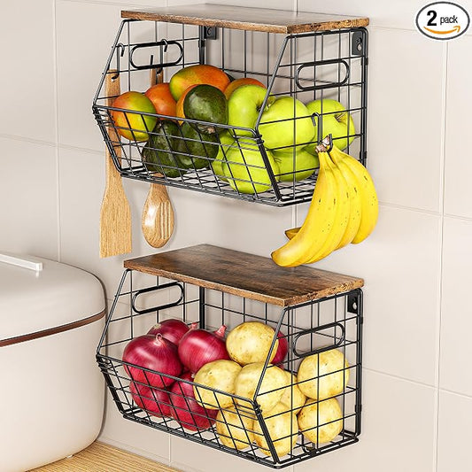 Delamu Stackable Metal Fruit Basket with Wood Lid 2 Pack, Hanging Wall Organizer for Kitchen Counter, Pantry Storage for Onions, Potatoes, Garlic, Fruits, Spices, Black by DELAMU