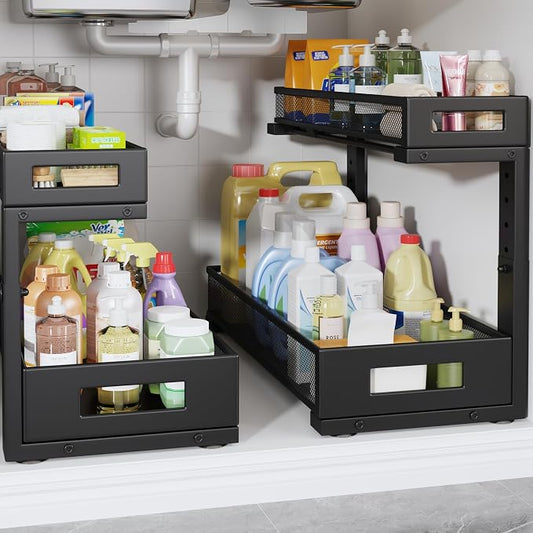 2 Pack 19IN Depth Under Sink Storage Organizer, Large 2-Tier Elegant Mesh Pull Out Shelf for Kitchen and Bathroom Cabinet Organization, L-Shaped and Adjustable Height Design-Black by UnderSinkOrganizer