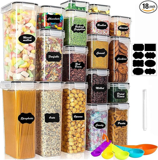18 Pack Airtight Food Storage Containers with Lids | clear airtight containers with tight lids keep dry food fresh. Safe plastic, stackable for pantry kitchen storage by stusgo
