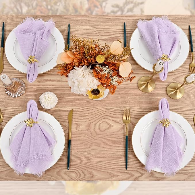 60 Pack Lavender Napkins Cotton Linen Napkin 16 x 16 Inch Handmade with Fringe Soft Lilac Napkins Cloth Washable Rustic Dinner Napkin Cloth for Wedding Party Dinner Table - Image 7