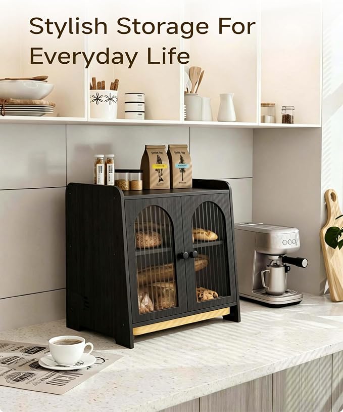 Bread Box for Kitchen Countertop, Large Double Layer Wooden Bread Storage Container with Acrylic Window, Adjustable Air Vents & Built-In Cutting Board, Pantry Organizer, Black - Image 2