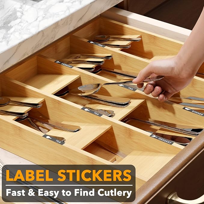 SpaceAid Bamboo Silverware Drawer Organizer with Labels, Kitchen Utensil Tray Holder Organizer for Flatware, Cutlery, Spoon and Knives Drawer Storage Organization (12 Slots) - Image 5